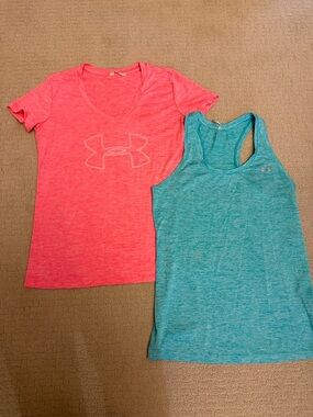 Women’s Under Armour Orange V-Neck Tee & Teal Tank - Performance Activewear XS